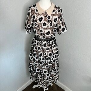 Just Me‎ white black Floral Lace tiered Midi Dress Beige Collar womens size med